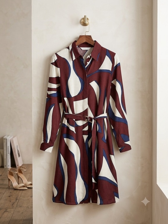 H&M Dresses & Skirts - Abstract Print mini Shirt Dress in Burgundy, Navy & Cream